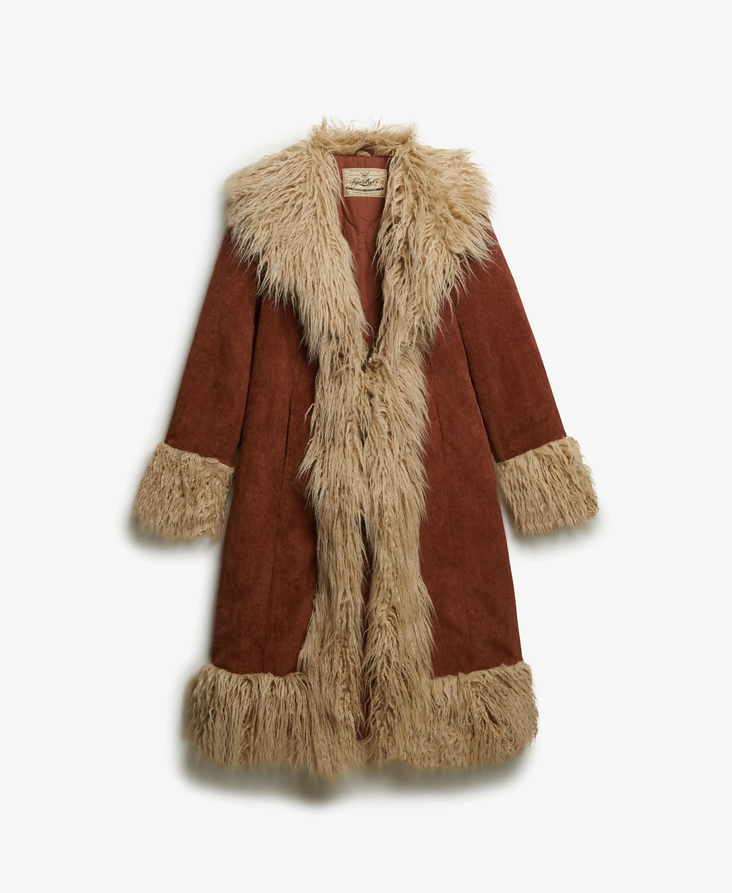 superdry Long Afghan Coat slim fit ribcord Rustic Chestnut Brown 3/7