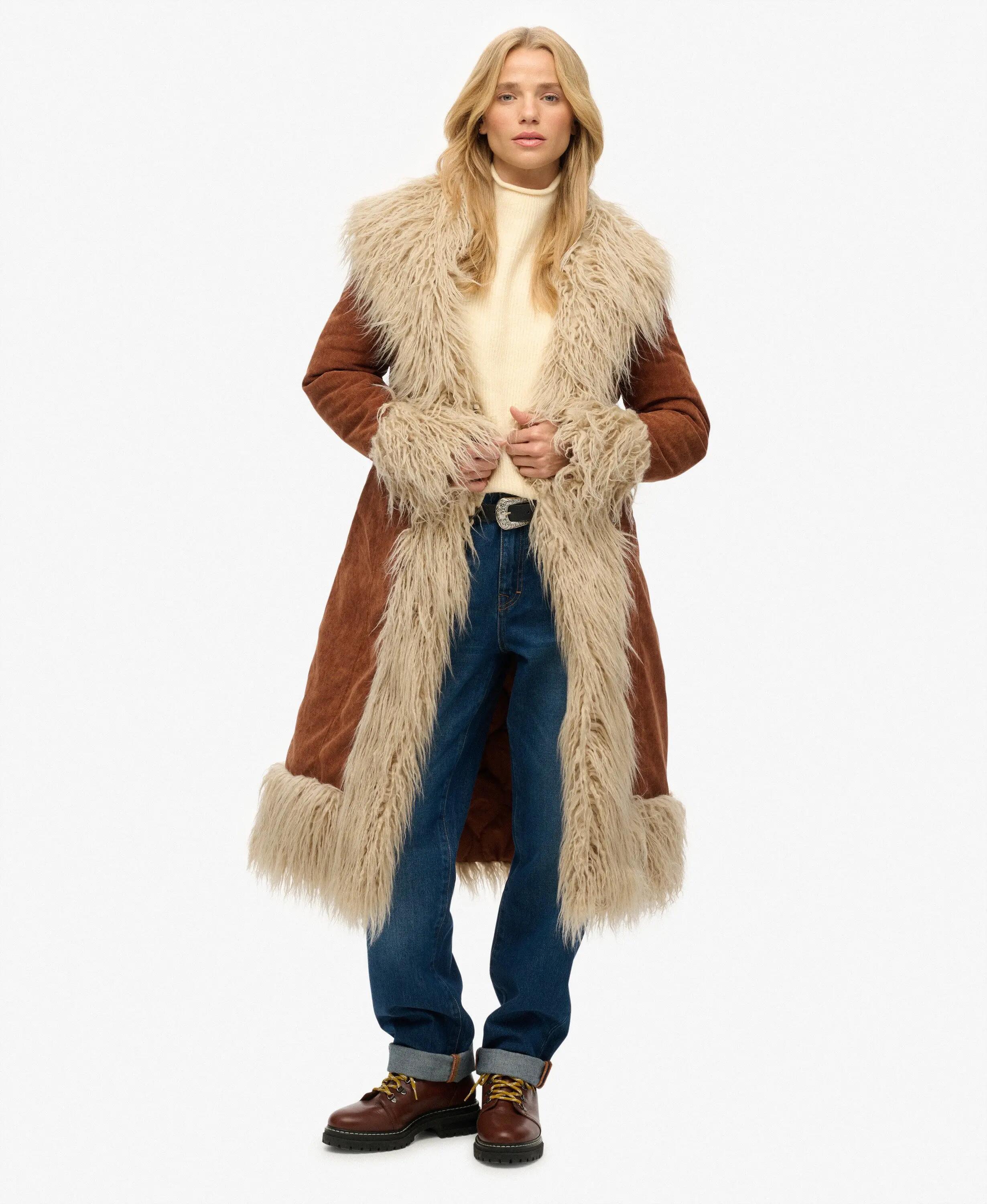 superdry Long Afghan Coat slim fit ribcord Rustic Chestnut Brown 2/7