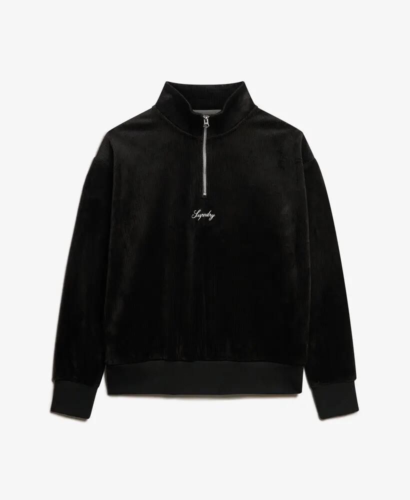 superdry Country Club Velour Half Zip – Felpa donna nera in velluto 6/6