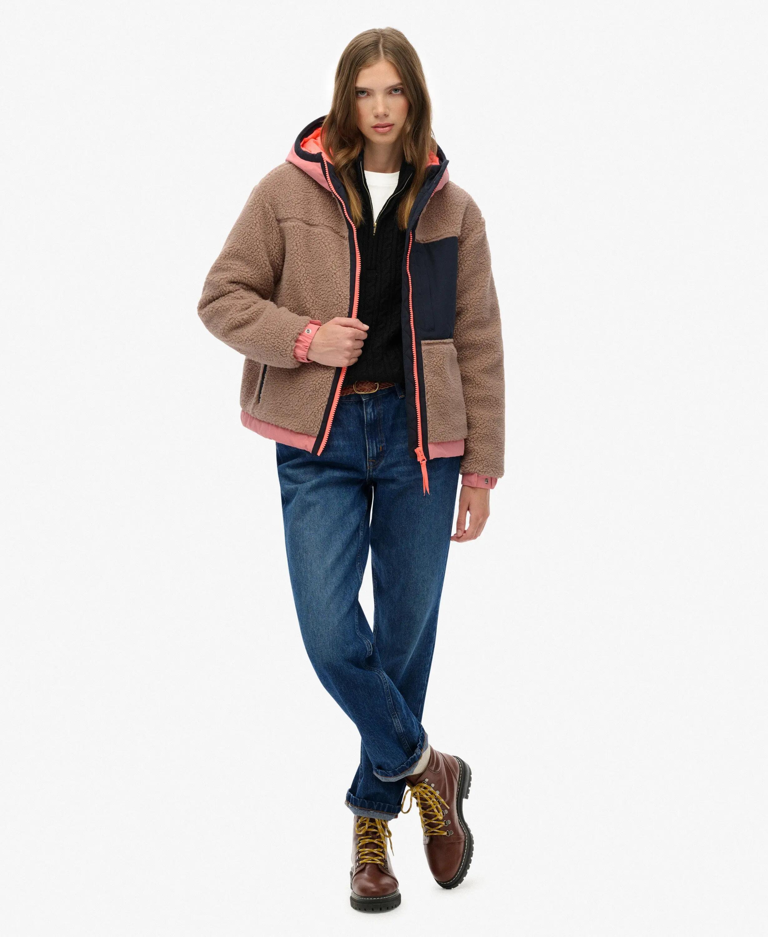 superdry Vintage Sherpa Fleece Jacke mit Kapuze, leicht wattiert – Light Taupe 3/7