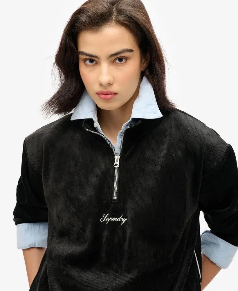 superdry Country Club Velour Half Zip – Felpa donna nera in velluto 3/6