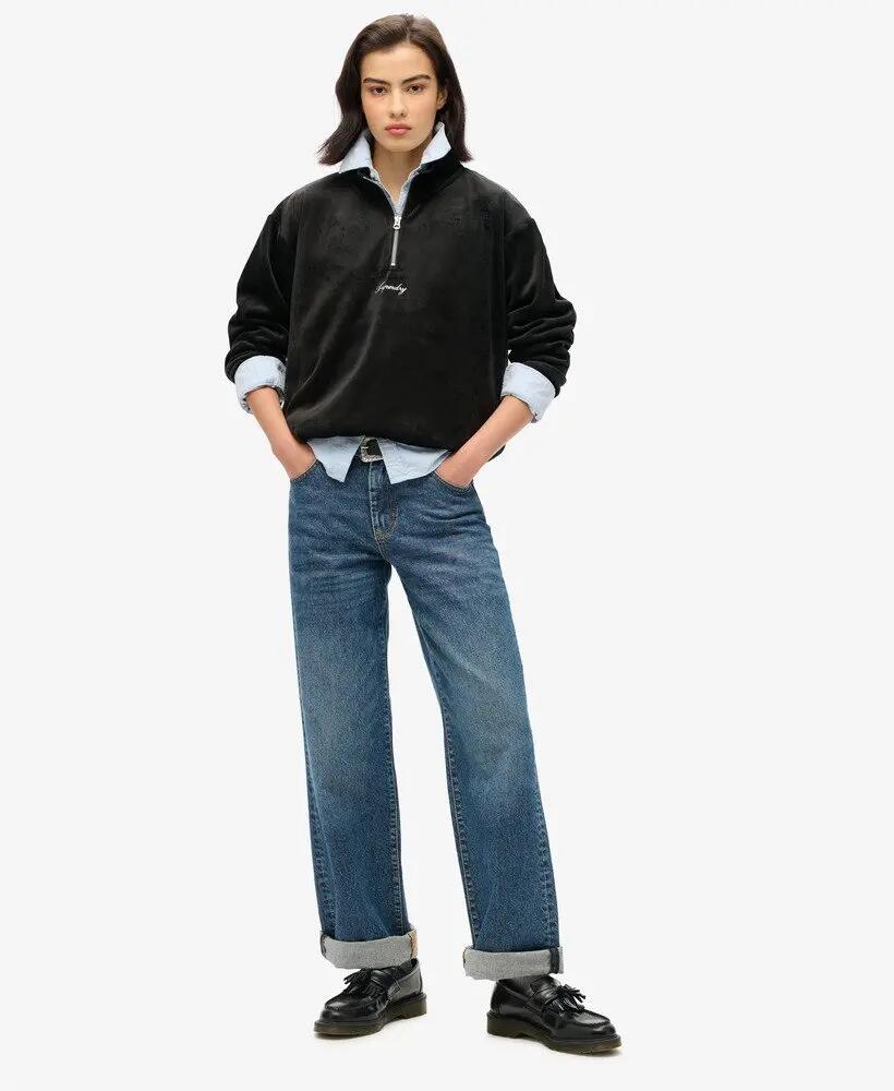 superdry Country Club Velour Half Zip – Felpa donna nera in velluto 2/6