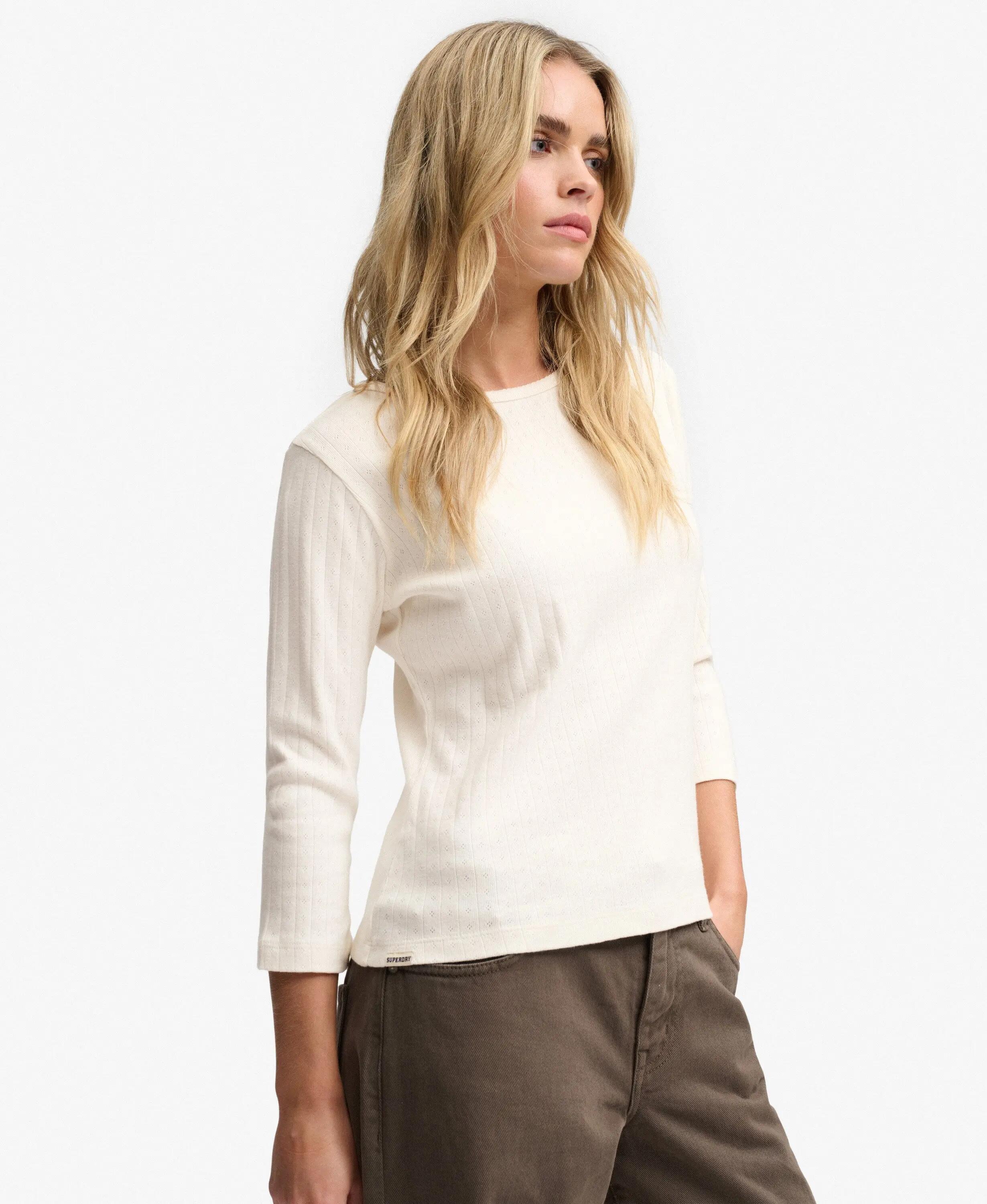 superdry Top Athletic Essentials Pointelle manica 3/4 in cotone bio – Desert 4/7
