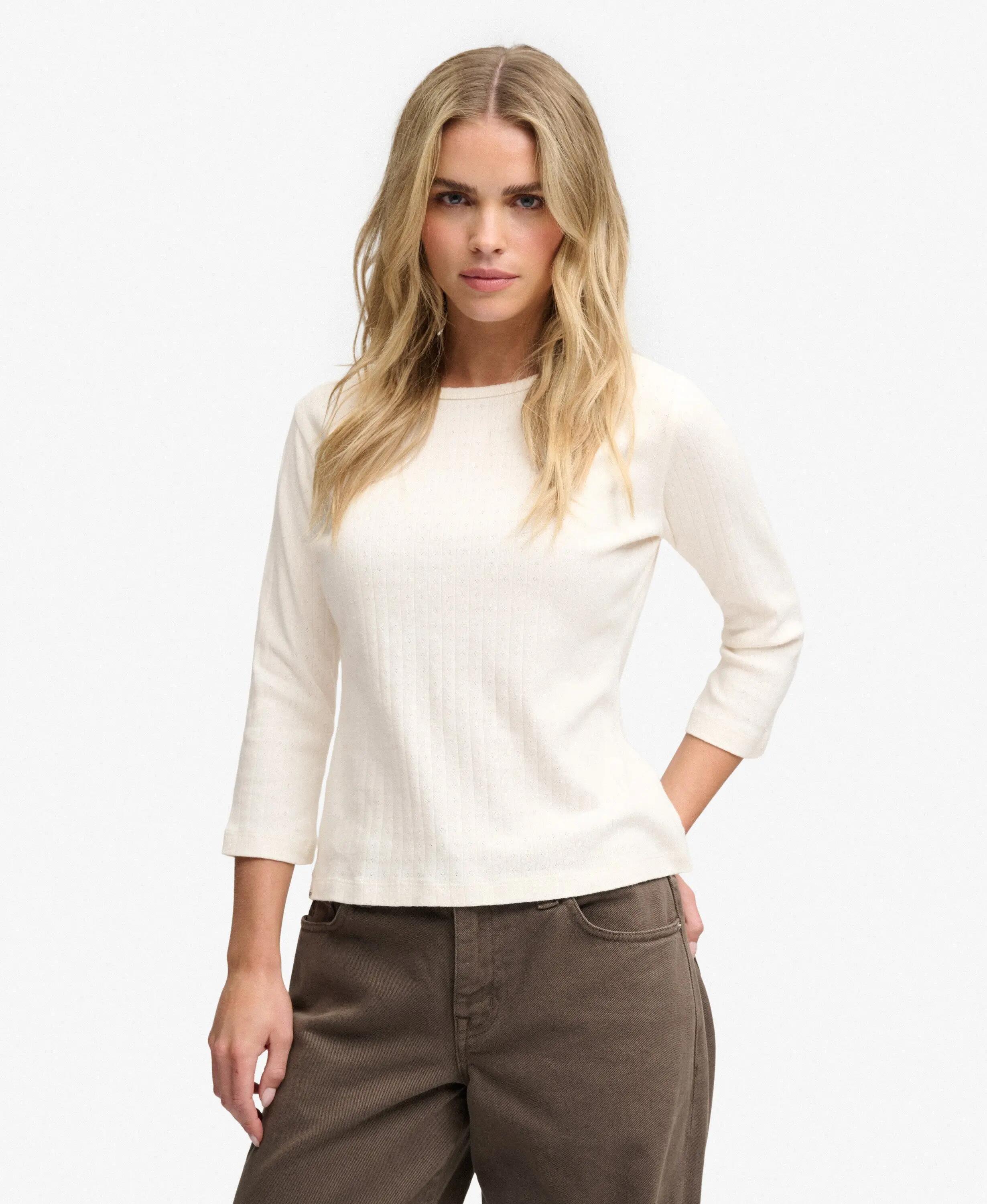 superdry Top Athletic Essentials Pointelle manica 3/4 in cotone bio – Desert 2/7
