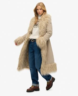 Superdry long afghan coat slim fit ribcord rustic chestnut brown