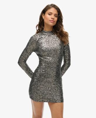 Superdry pailletten mini-jurk met opstaande kraag gunmetal sequin