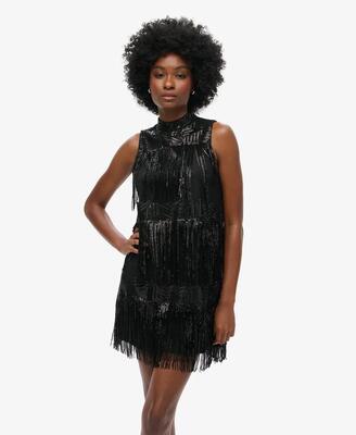 Superdry a‑line mini jurk met fringe en pailletten