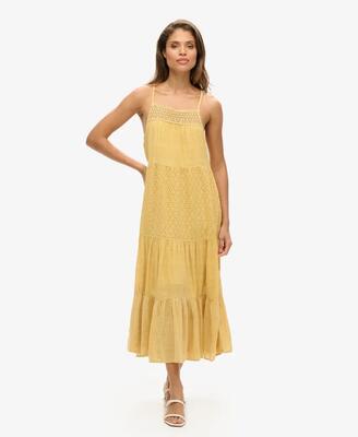 Superdry vintage lace cami maxi-jurk katoen citroengeel