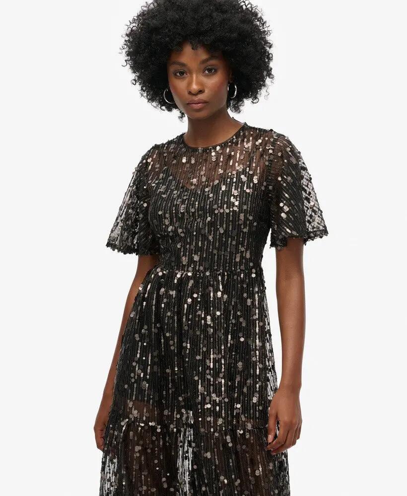 superdry Vestido midi em rede com camadas Volume – Stadium Grey Grit 5/7