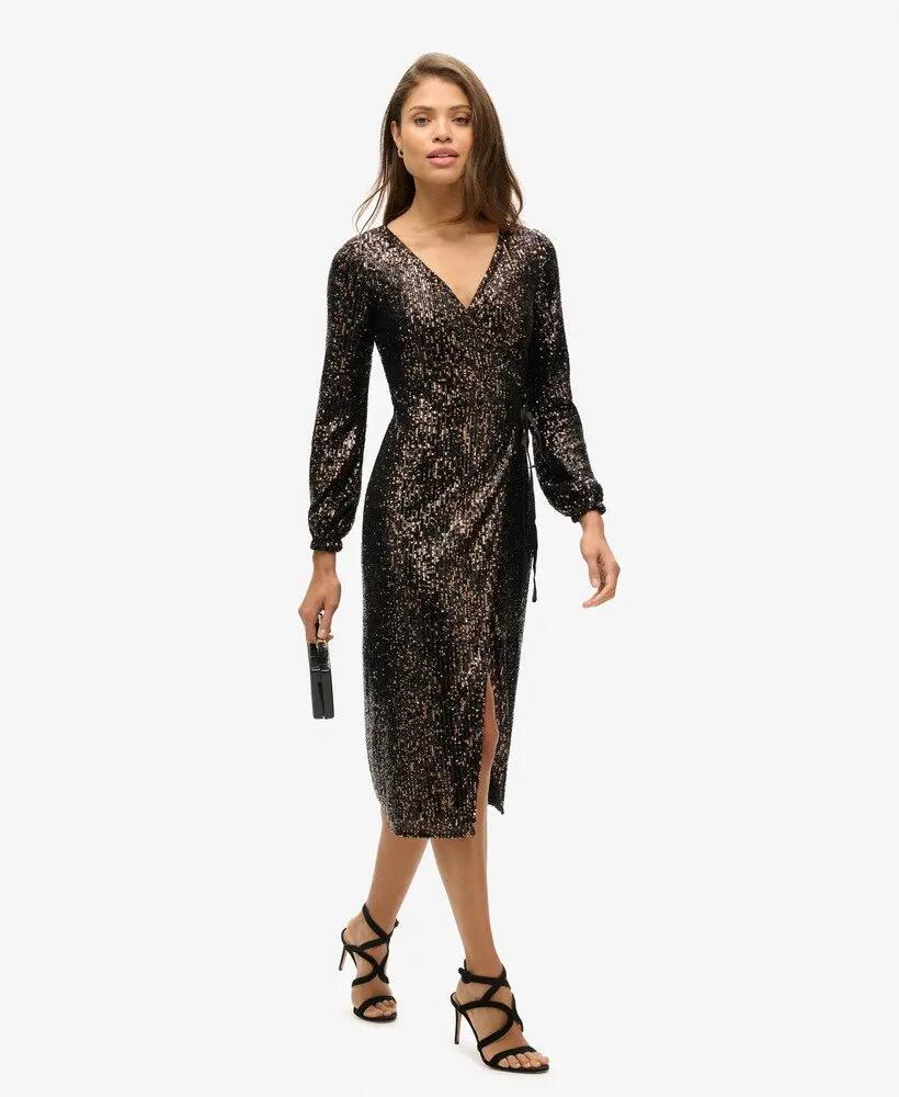 superdry Vestido longo transpassado com lantejoulas Copper/Black 3/6