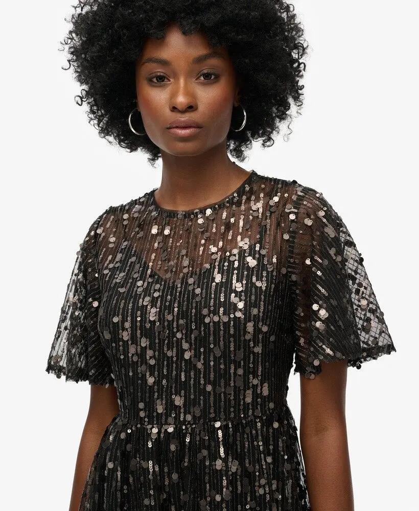 superdry Vestido midi em rede com camadas Volume – Stadium Grey Grit 3/7