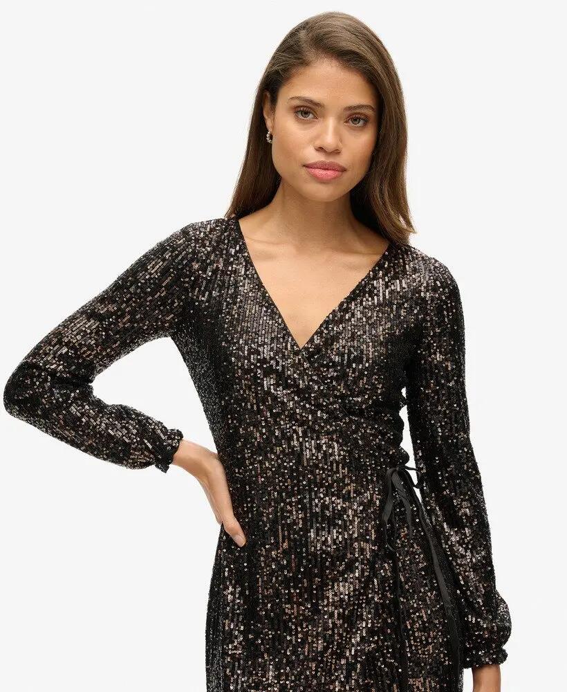 superdry Vestido longo transpassado com lantejoulas Copper/Black 2/6