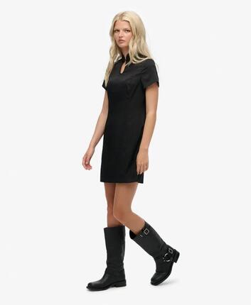 superdry Satin Mandarin Mini Kleid Schwarz – gestickter Kragen