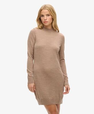 Superdry merino knit jurk van 100% merinowol — col, lange mouwen – bison marl