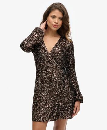 superdry Wickel-Mini-Kleid mit Pailletten und langen Ärmeln