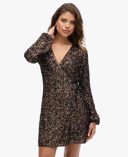 superdry Wickel-Mini-Kleid mit Pailletten und langen Ärmeln