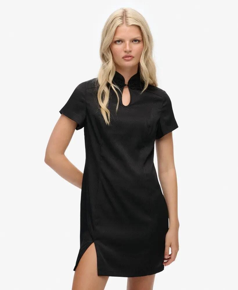 superdry Vestido Satin Mandarin Mini preto ajustado 5/7