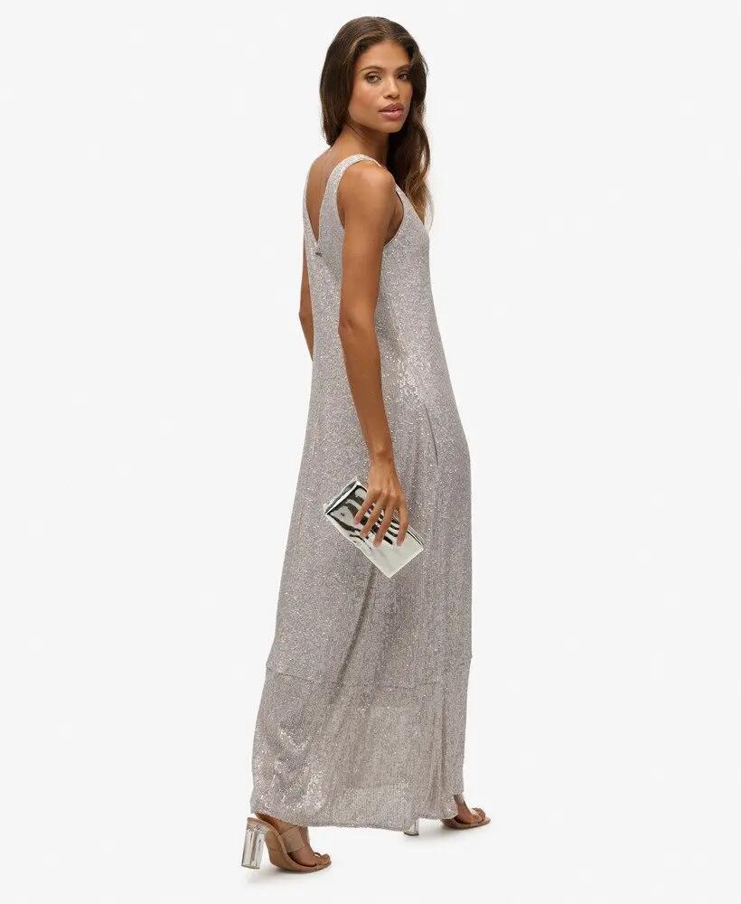 superdry Vestido maxi com lantejoulas decote V prateado 6/6
