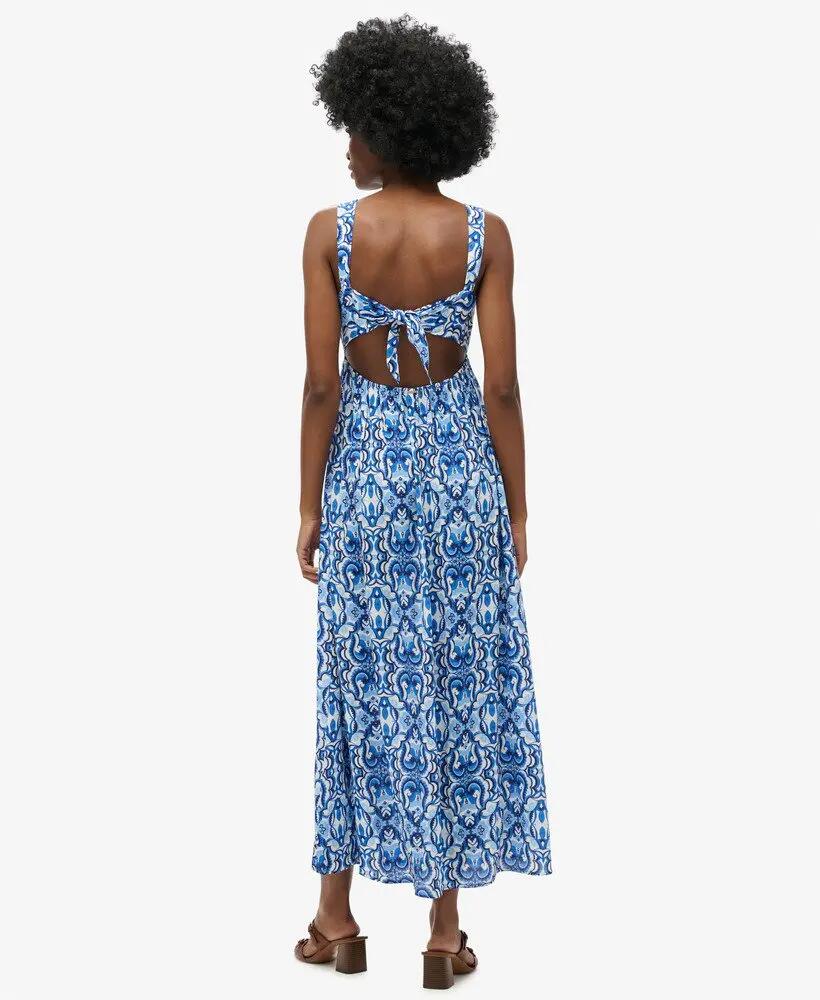 superdry Abito Maxi Tie Back in viscosa – Tile Print Blue 4/7