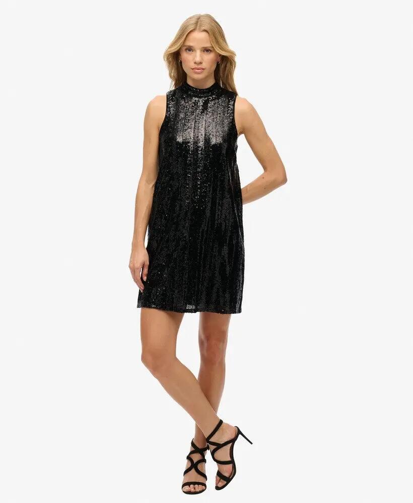 superdry Mini sukienka A-line bez rękawów z czarnymi cekinami 3/6