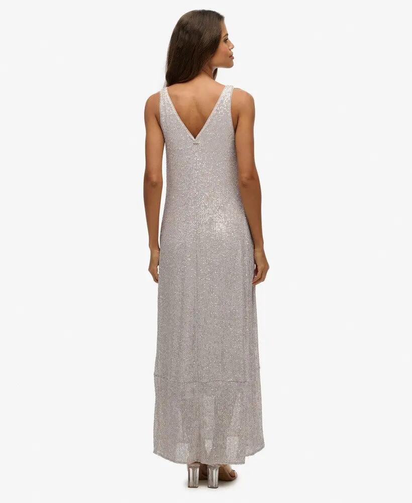superdry Vestido maxi com lantejoulas decote V prateado 5/6