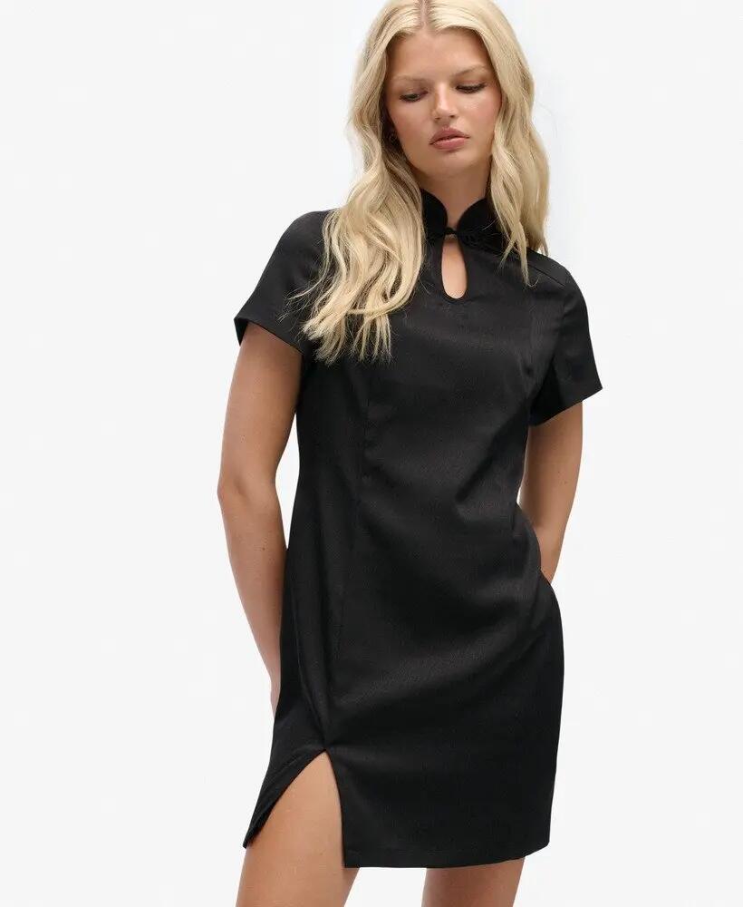 superdry Vestido Satin Mandarin Mini preto ajustado 3/7