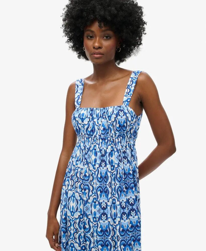 superdry Abito Maxi Tie Back in viscosa – Tile Print Blue 3/7