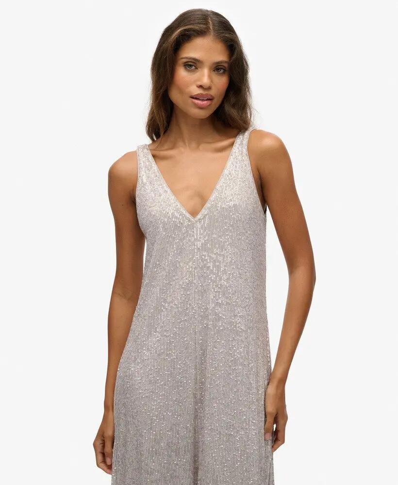 superdry Vestido maxi com lantejoulas decote V prateado 4/6