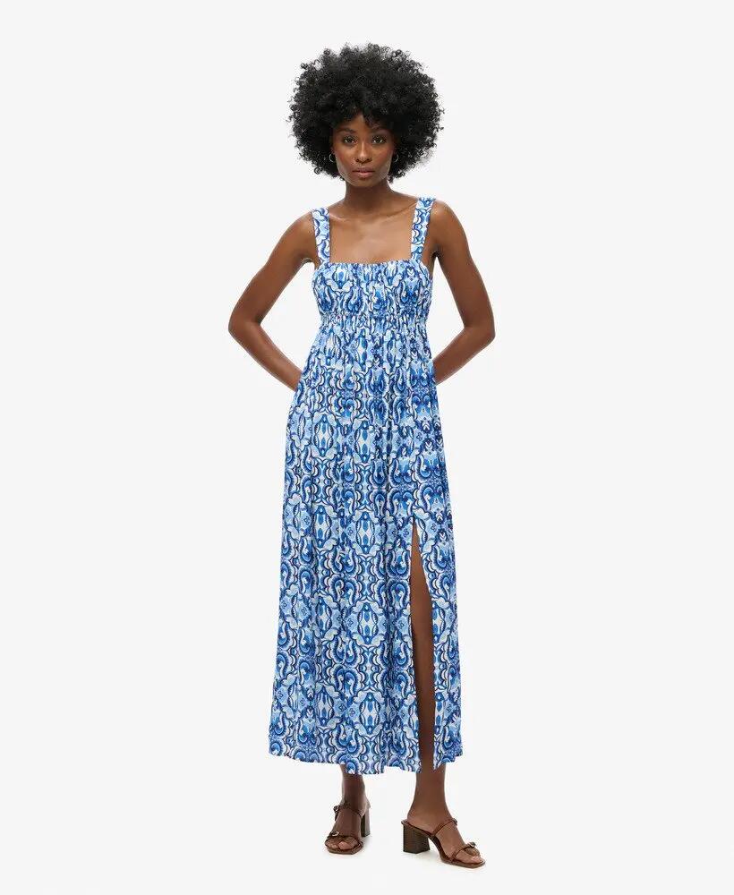 superdry Abito Maxi Tie Back in viscosa – Tile Print Blue 2/7