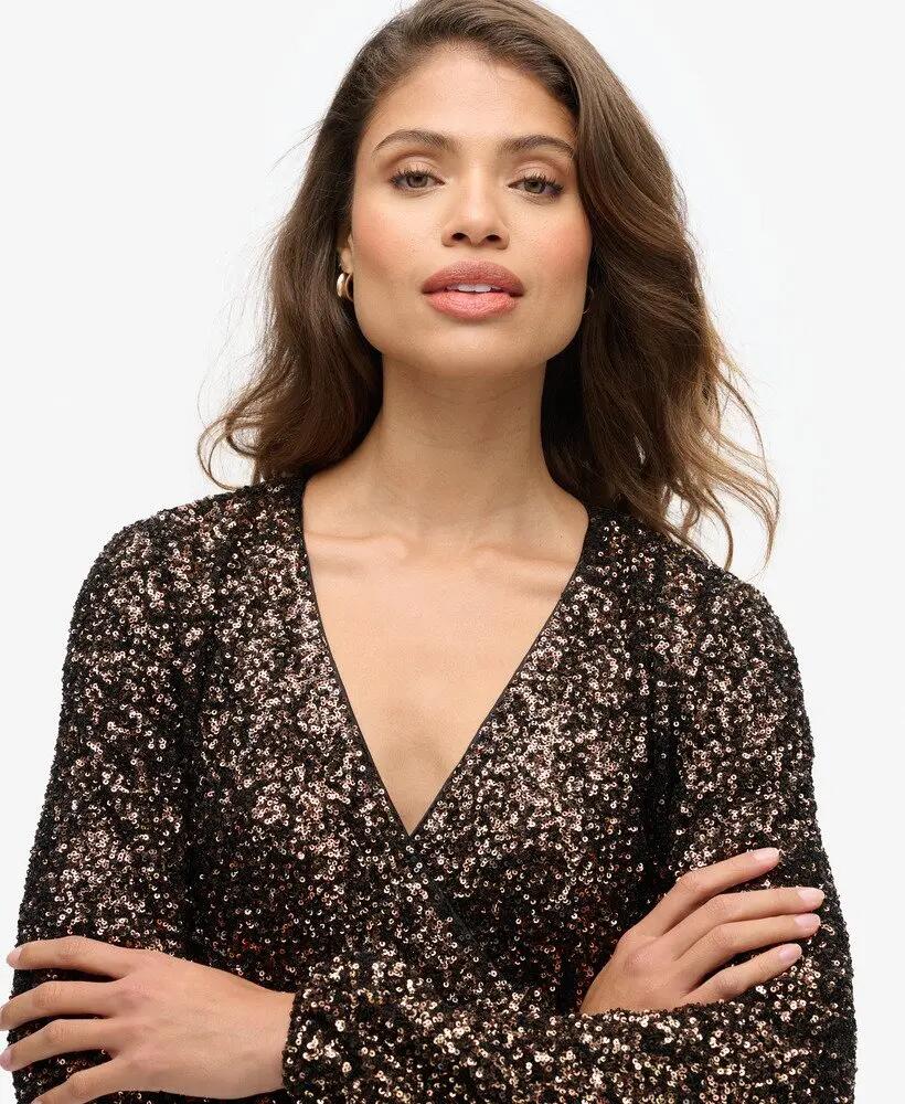 superdry Vestido curto cruzado com lantejoulas Bronze Mega Sequin 3/7