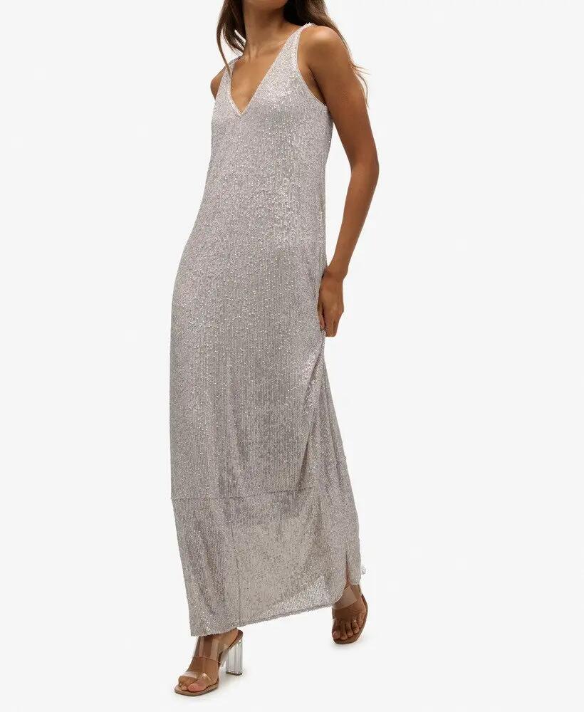 superdry Vestido maxi com lantejoulas decote V prateado 2/6
