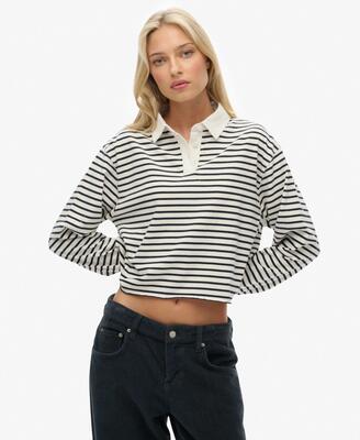 Superdry athletic essentials cropped stripe rugby top – ecru stripe