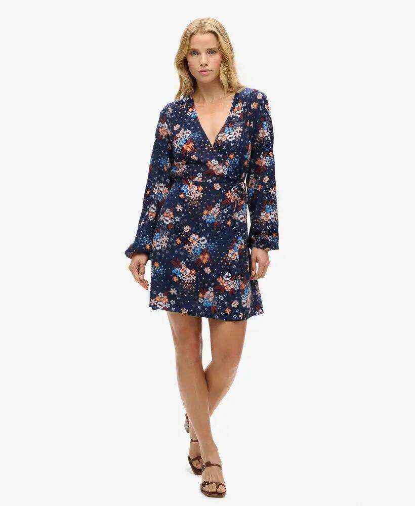 superdry Vestido curto cruzado manga longa em viscose padrão floral 2/7