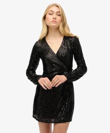 superdry Wickel-Mini-Kleid mit Pailletten und langen Ärmeln