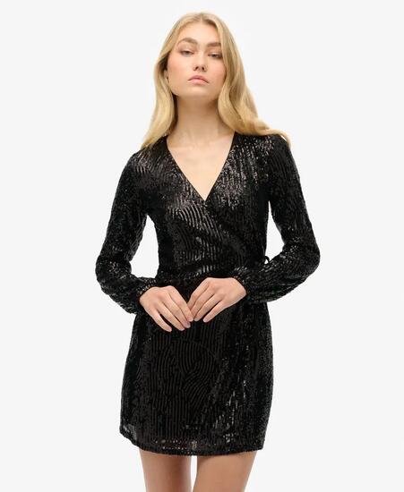 superdry Wickel-Mini-Kleid mit Pailletten und langen Ärmeln