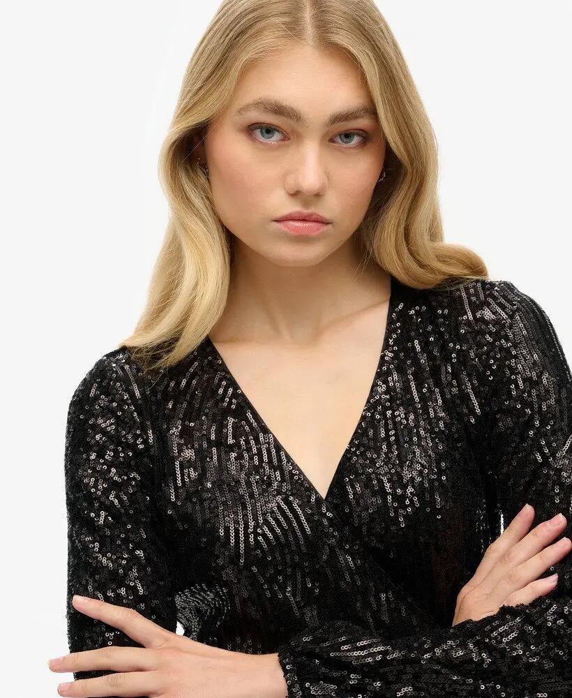 superdry Vestido mini transpassado com lantejoulas pretas 3/7