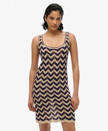 superdry Zigzag Strick Mini-Kleid Marineblau Gold – Marineblau Gold Zigzag