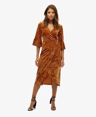 superdry Abito midi incrociato in velluto – Tobacco Brown