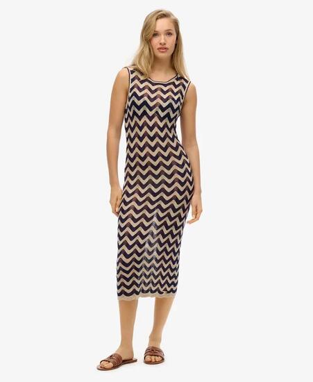 superdry Strick-Midikleid Zig Zag Marineblau Gold Zigzag