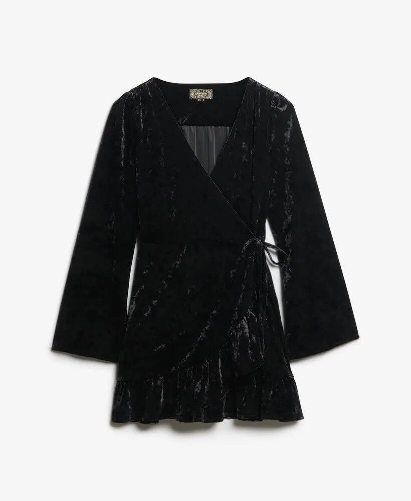 superdry Vestido mini transpassado de veludo preto 6/6