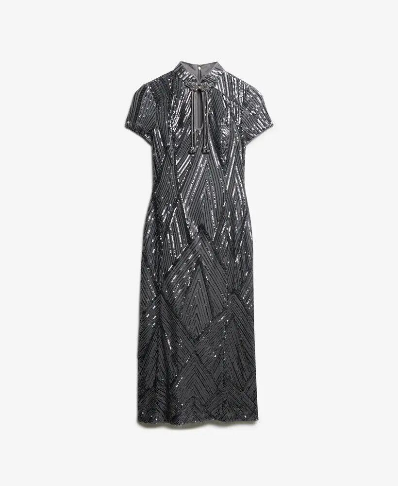 superdry Vestido midi Mandarin com lantejoulas Gunmetal Deco Sequin 7/7