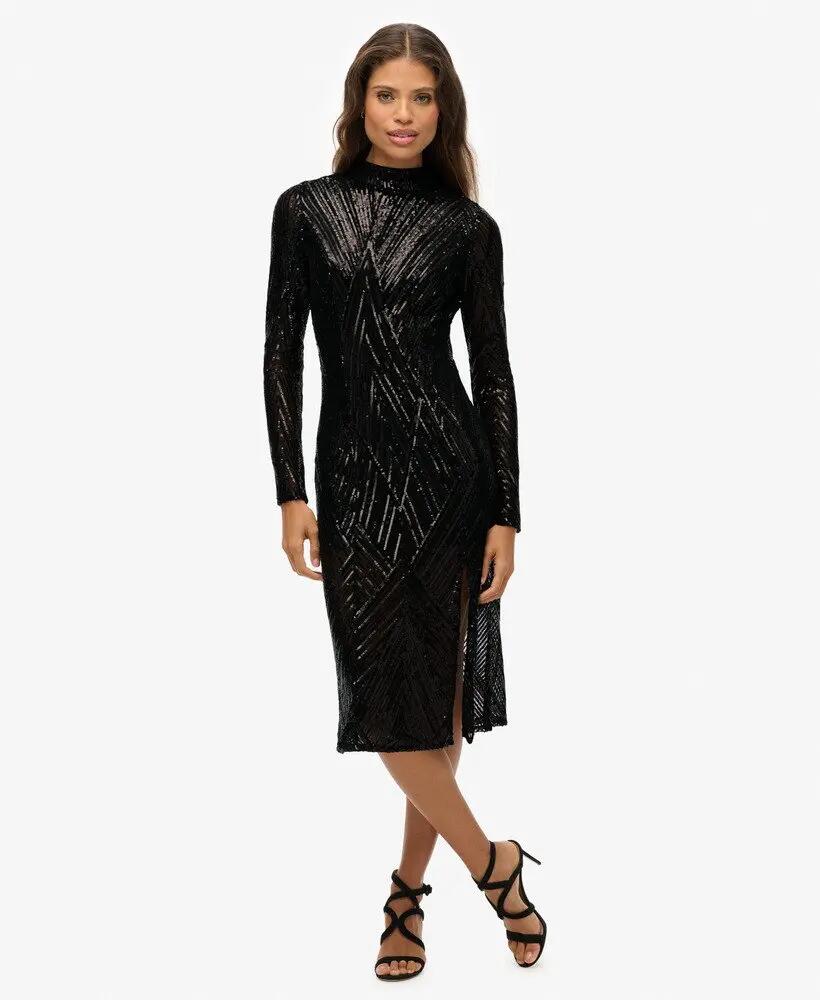 superdry Midi-jurk lange mouwen met open rug en pailletten 6/7