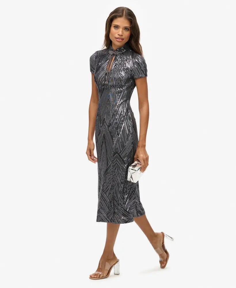 superdry Vestido midi Mandarin com lantejoulas Gunmetal Deco Sequin 6/7