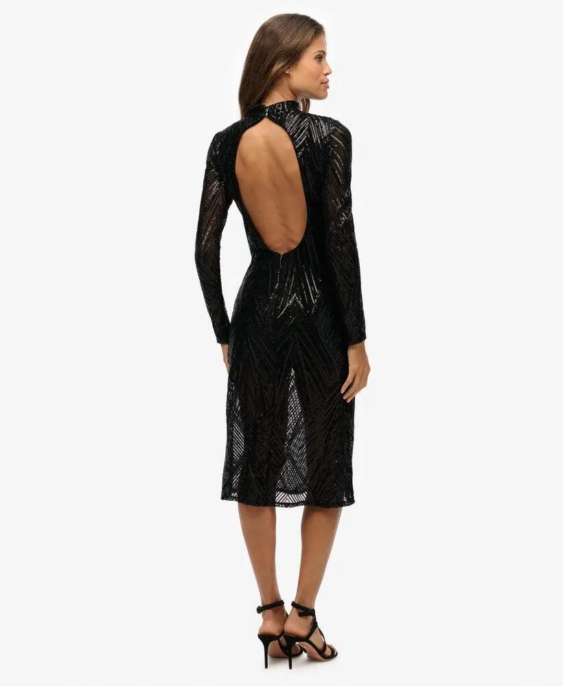 superdry Midi-jurk lange mouwen met open rug en pailletten 5/7