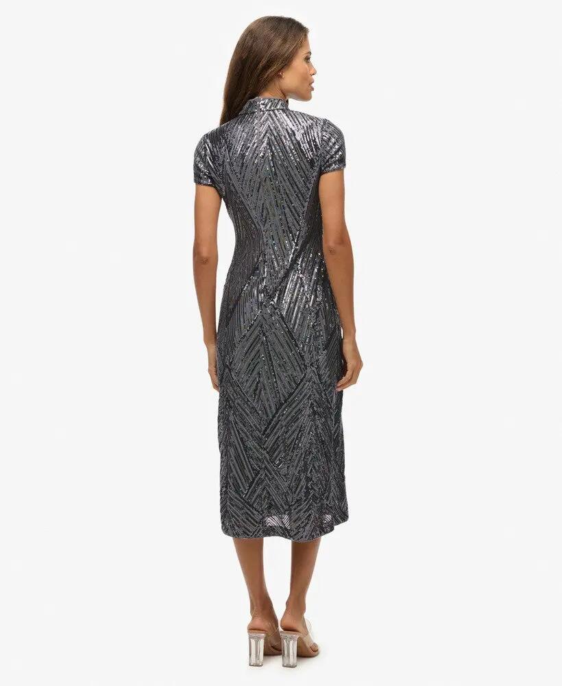 superdry Vestido midi Mandarin com lantejoulas Gunmetal Deco Sequin 5/7