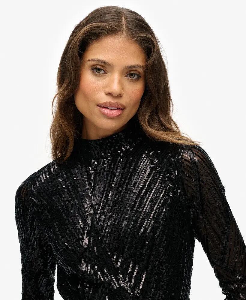 superdry Midi-jurk lange mouwen met open rug en pailletten 4/7