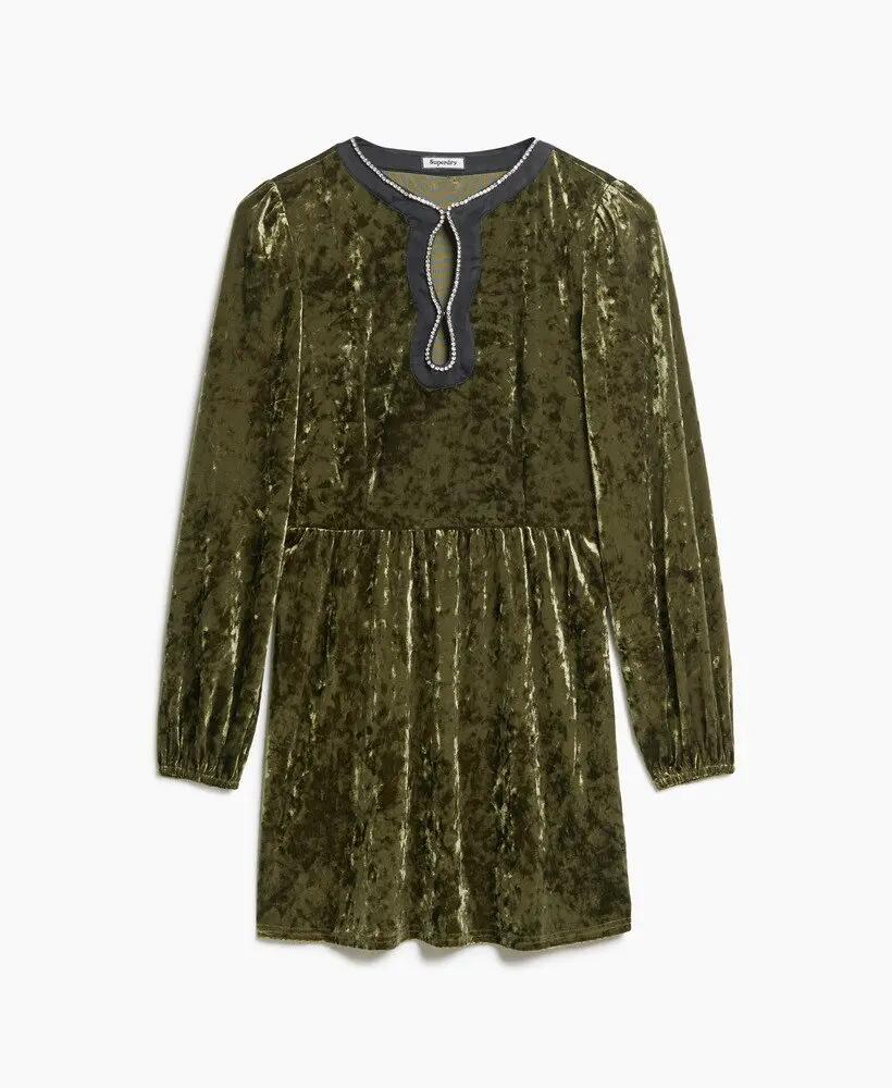 superdry Diamante Velvet Mini Dress - Soft Khaki 7/7