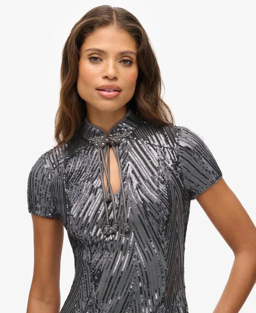superdry Vestido midi Mandarin com lantejoulas Gunmetal Deco Sequin 4/7