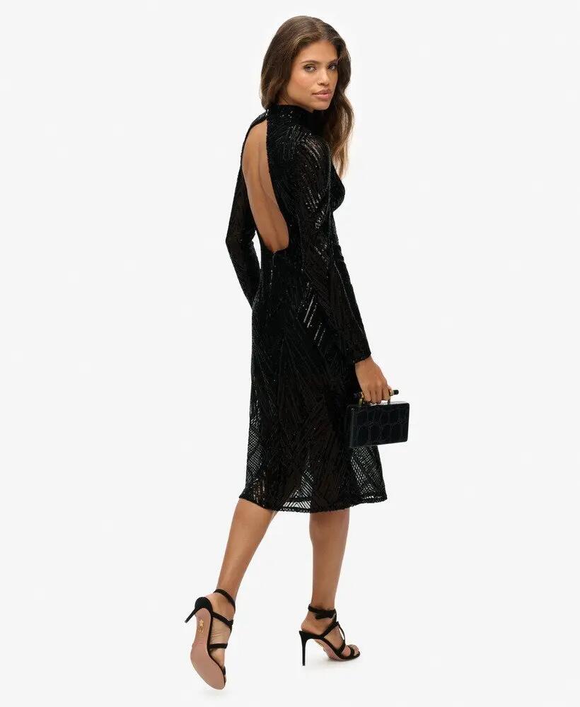 superdry Midi-jurk lange mouwen met open rug en pailletten 3/7
