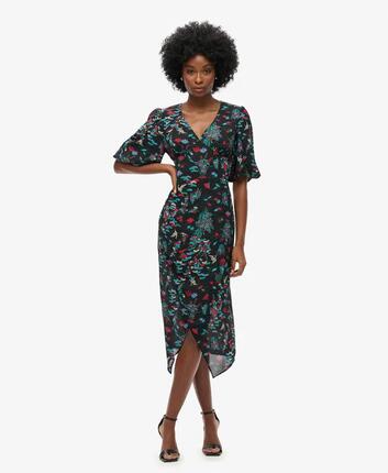 superdry Korte mouw semi-transparante midijurk – Crane Black Print
